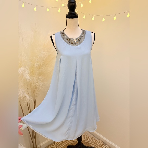 Soié Blue Dresses & Skirts - Sky Blue Sleeveless Dress with Embellished Beaded Neckline